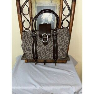 DKNY Donna Karan Signature Beige Canvas Brown Leather Trim XL Tote